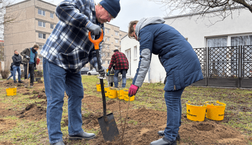 Das Ehepaar Lutz und Barbara Müller hat bei der Pflanzaktion im Humanas-Wohnpark Zielitz gern mit angepackt - auch weil sie wissen, dass Barbara Müllers Mutter Rosi Schwarzkopf als Bewohnerin des Wohnparks dann einen noch schöneren Ausblick haben wird. Foto: Bianca Oldekamp-Kurth/Humanas
