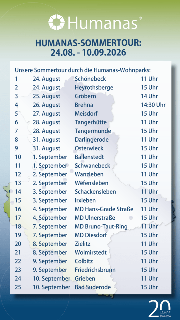 Tourdaten der Sommertour durch die Humanas-Wohnparks zum 20-jährigen Jubiläum. Grafik: Humanas